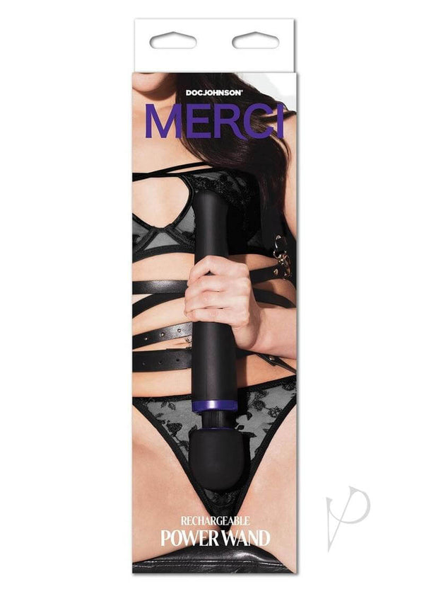 Packaging of Merci Rechargeable Power Wand showing versatile cordless pleasure device in black, held by a model in lingerie.