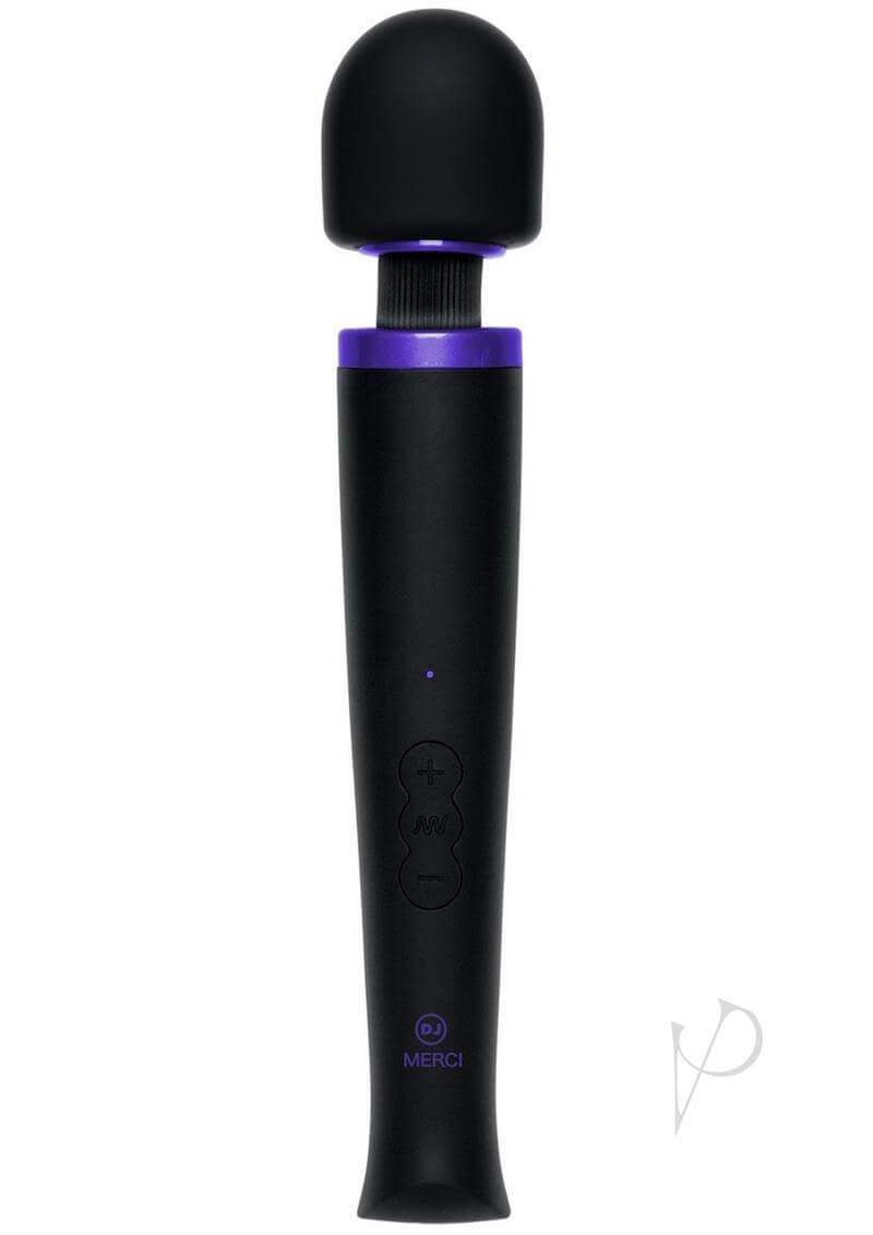 Merci Rechargeable Power Wand - Black cordless pleasure device with purple accents, offering 8 speeds and 8 vibration patterns.