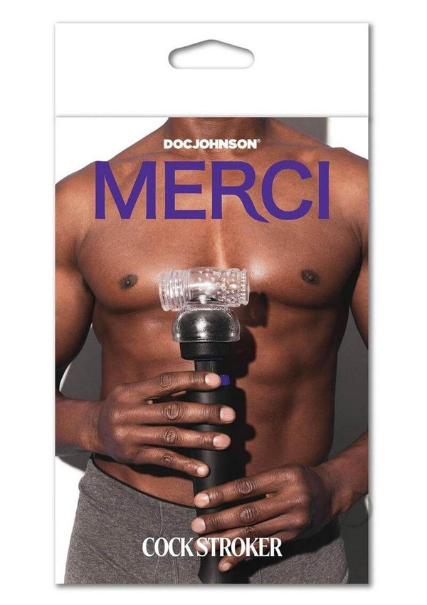 Merci Cock Stroker Wand Attachment packaging featuring a shirtless man holding the product.