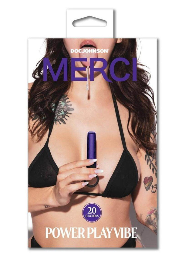 Merci Power Play Vibrator packaging with person holding purple vibrator, showcasing 20 powerful vibration modes for ultimate pleasure.