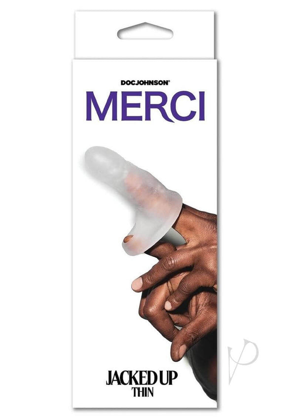 Packaging of Merci Jacked Up Thin Extender with Ball Strap for Enhanced Pleasure in hand, showcasing the frosted, stretchy design.