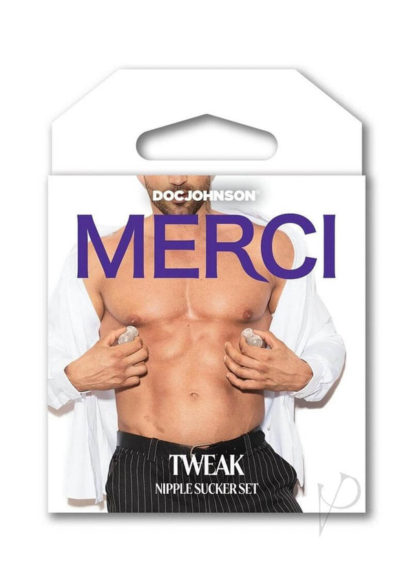 Packaging of Merci Tweak Nipple Sucker Set for enhanced sensations and size, featuring a man showcasing the product.
