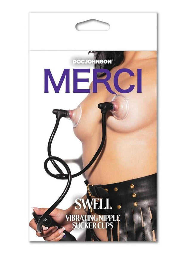 Merci Swell Black vibrating nipple sucker cups packaging with model wearing the device