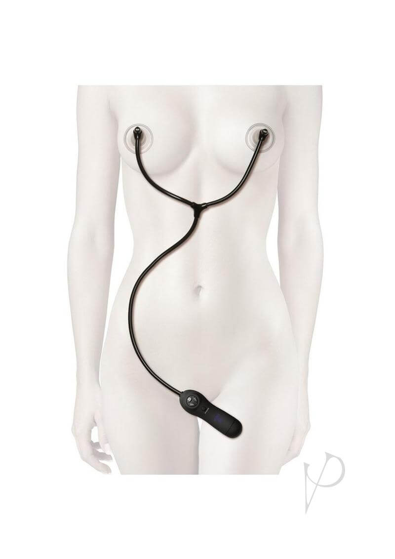 Merci Swell Black nipple enhancement device with automatic suction seal on a mannequin, emphasizing its hands-free use for arousal.