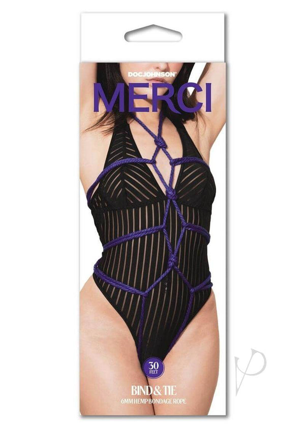 Packaging of Premium 30-Foot Hemp Bondage Rope in purple on a model wearing black lingerie.