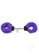 Purple faux fur bonded metal cuffs for BDSM play by Merci Fluff Cuffs, designed to combine security and sensual comfort.