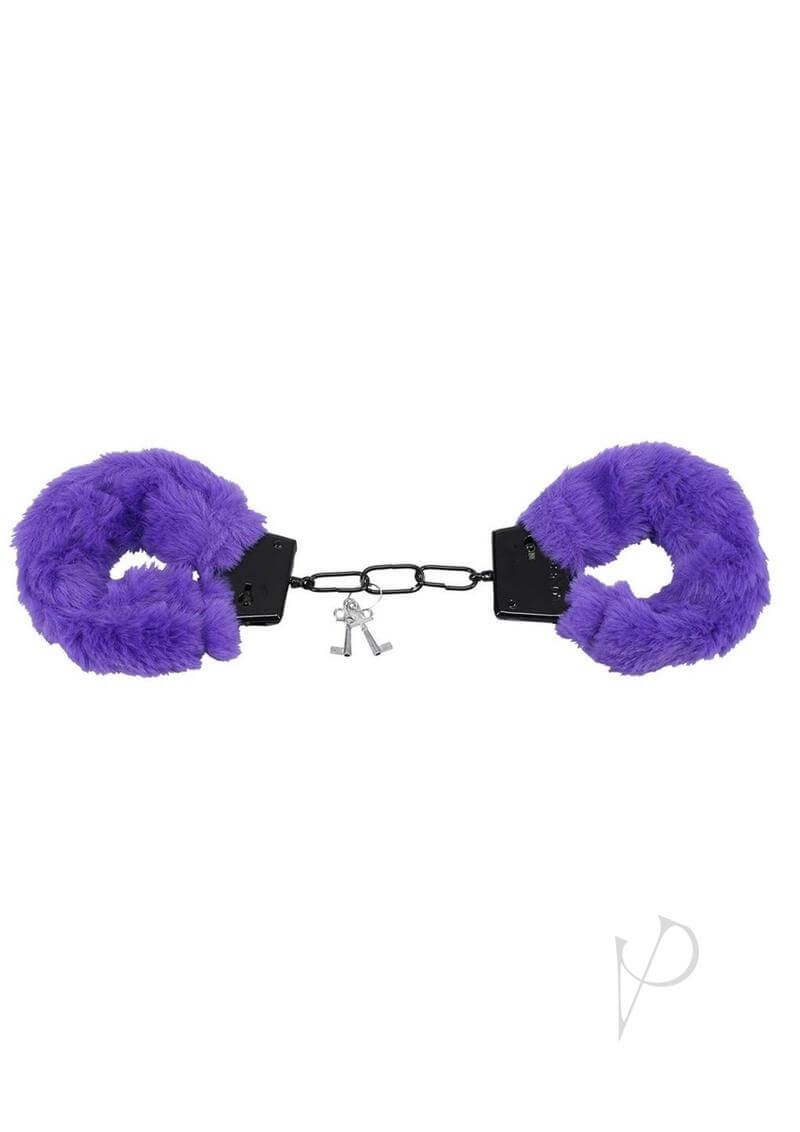 Purple faux fur bonded metal cuffs for BDSM play by Merci Fluff Cuffs, designed to combine security and sensual comfort.