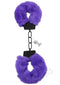 Purple faux fur-covered metal bondage cuffs with chain and key for BDSM play