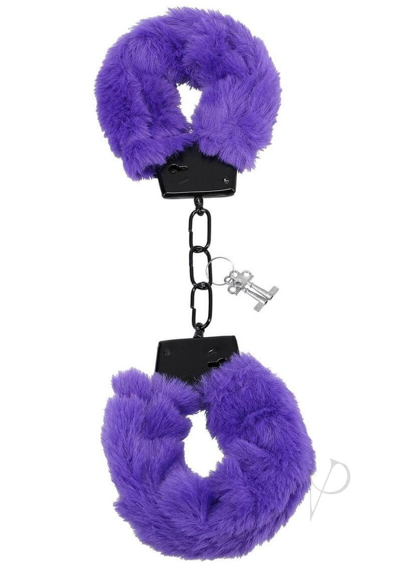 Purple faux fur-covered metal bondage cuffs with chain and key for BDSM play