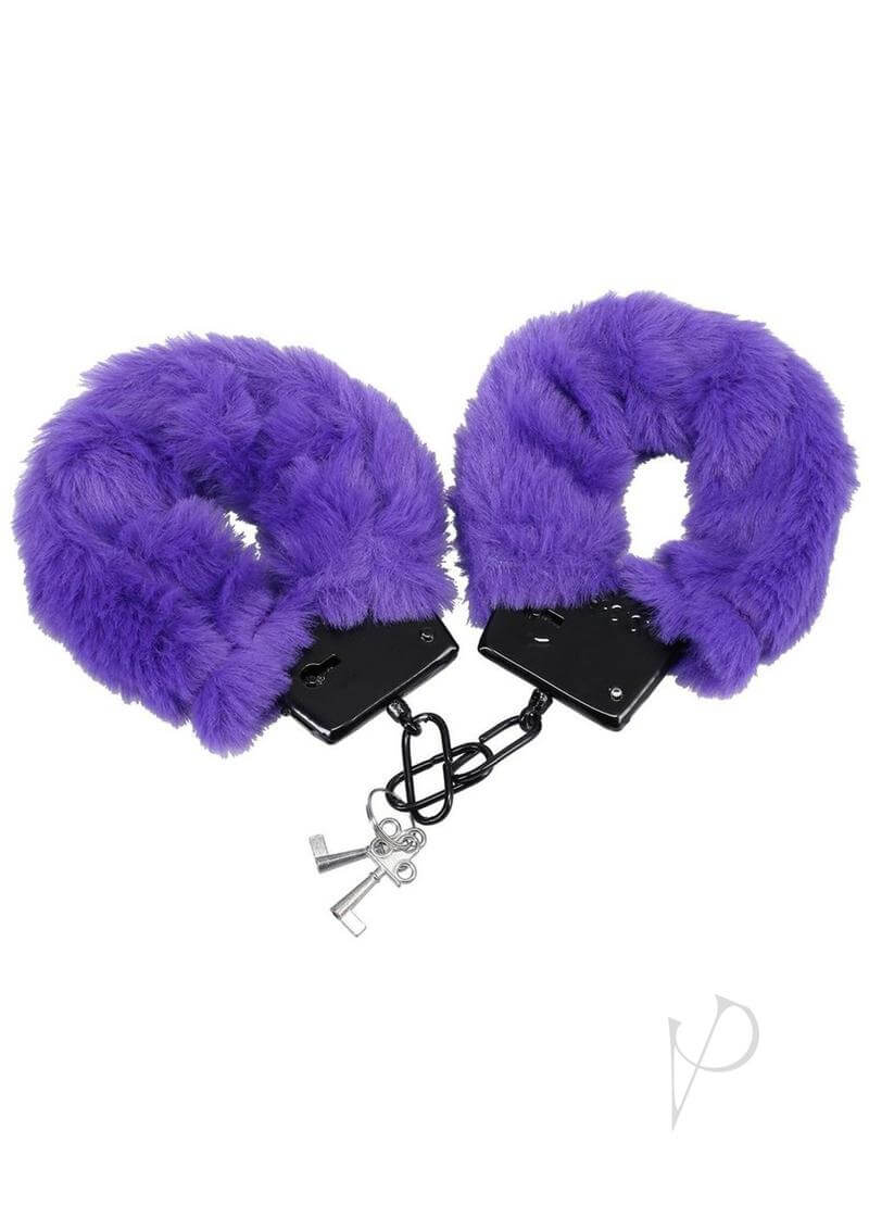 Purple faux fur bondage cuffs with metal restraints and keys for BDSM play
