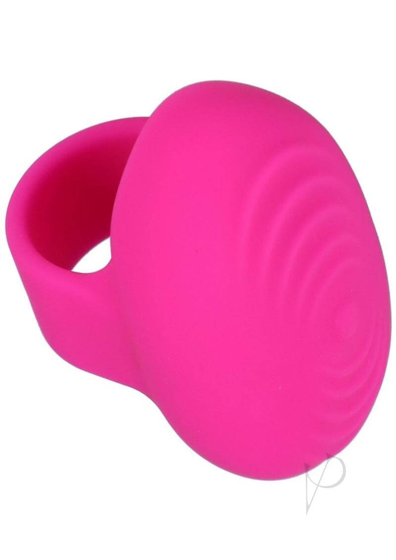Pink silicone finger vibe with finger loop for secure placement, offering discreet, powerful stimulation.