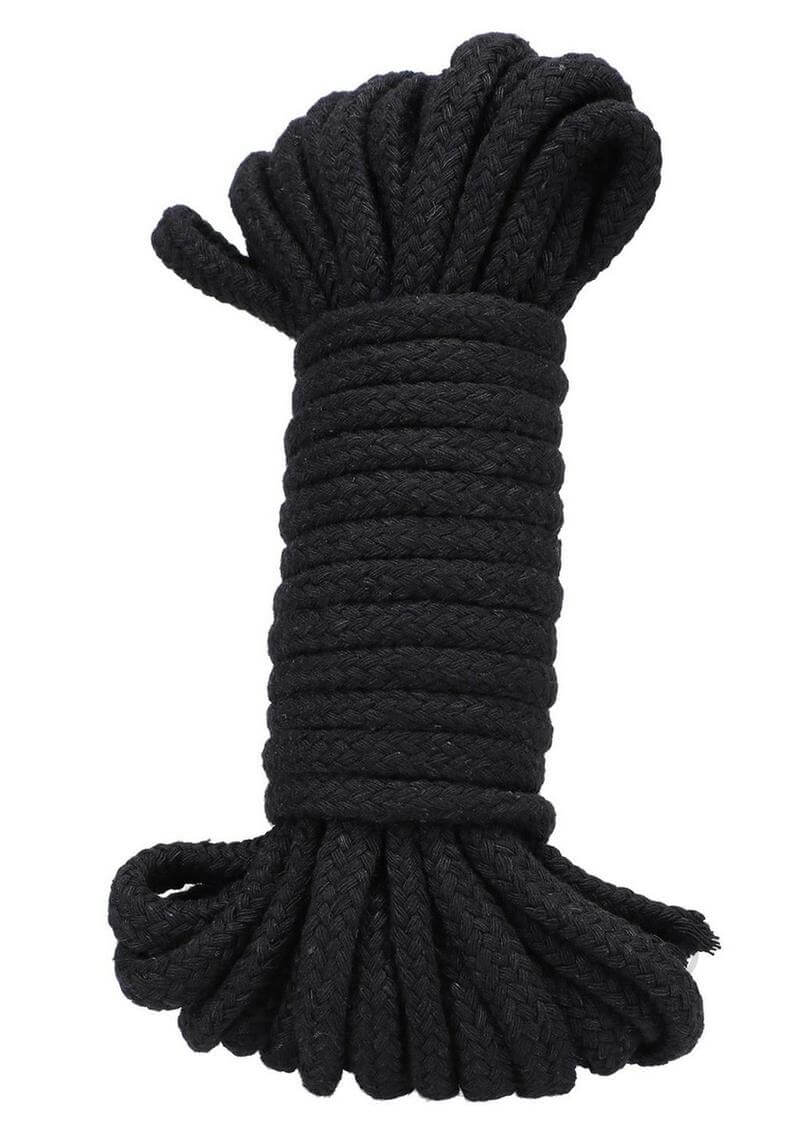 32-foot black cotton bondage rope for sensual restraint and intimate exploration, crafted for comfort and versatility in bondage play.