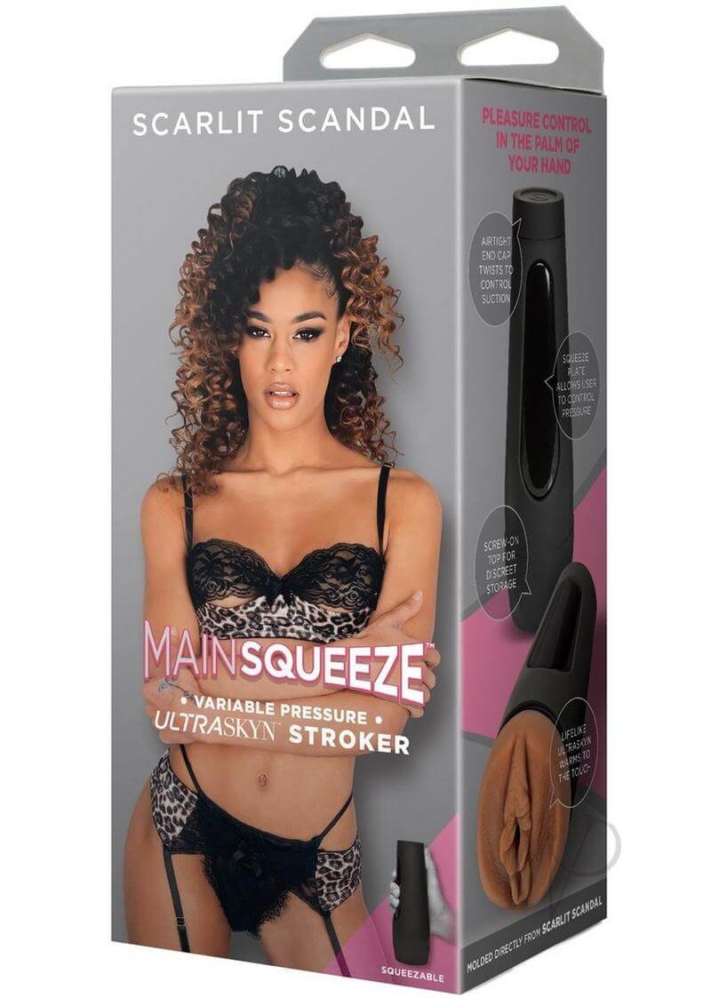 Main Squeeze Scarlit Scandal Pussy Stroker Caramel in packaging featuring lifelike ULTRASKYN material for realistic sensation