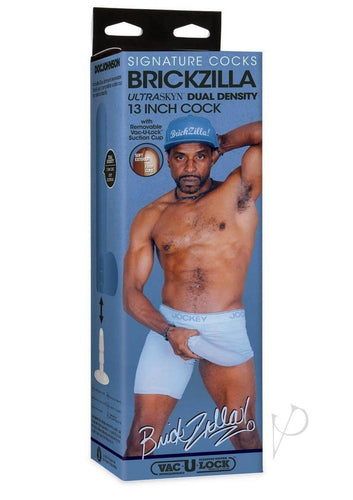 Packaging of Brickzilla 13-Inch Signature Cock in ULTRASKYN dual density material, featuring a shirtless man in blue underwear on the box.