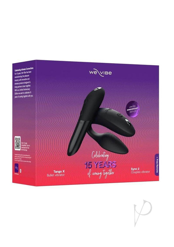 We-Vibe 15 Year Anniversary Collection featuring Sync 2 couples vibrator and Tango X bullet vibrator in Satin Black packaging.