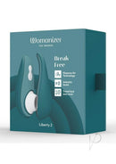 Womanizer LIBERTY 2 Dark Petrol box with Pleasure Air Technology and travel lock features displayed