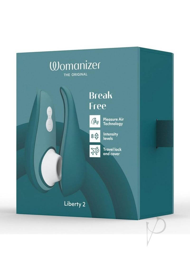 Womanizer LIBERTY 2 Dark Petrol box with Pleasure Air Technology and travel lock features displayed