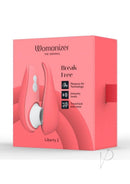 Womanizer Liberty 2 Vibrant Rose packaging showing Pleasure Air Technology, 6 intensity levels, and travel lock cover.