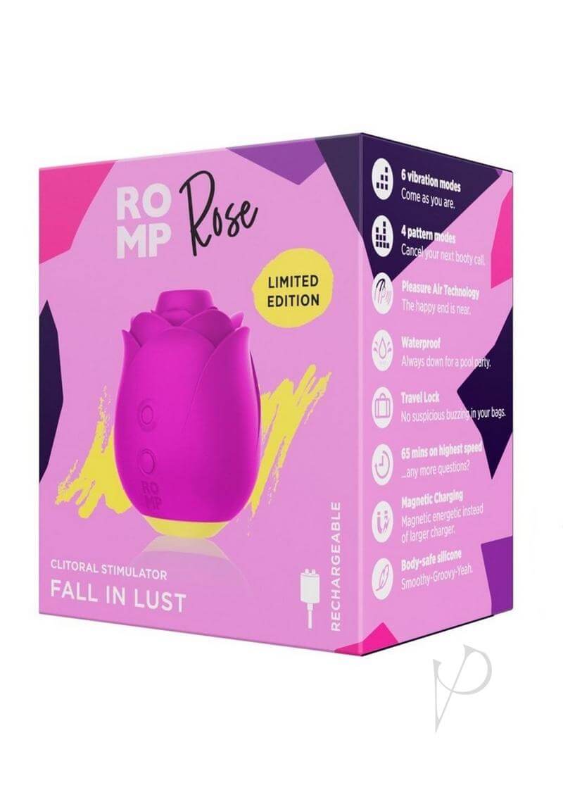 We-Vibe ROMP Rose Pink clitoral stimulator packaging with Pleasure Air Technology and multiple vibration modes