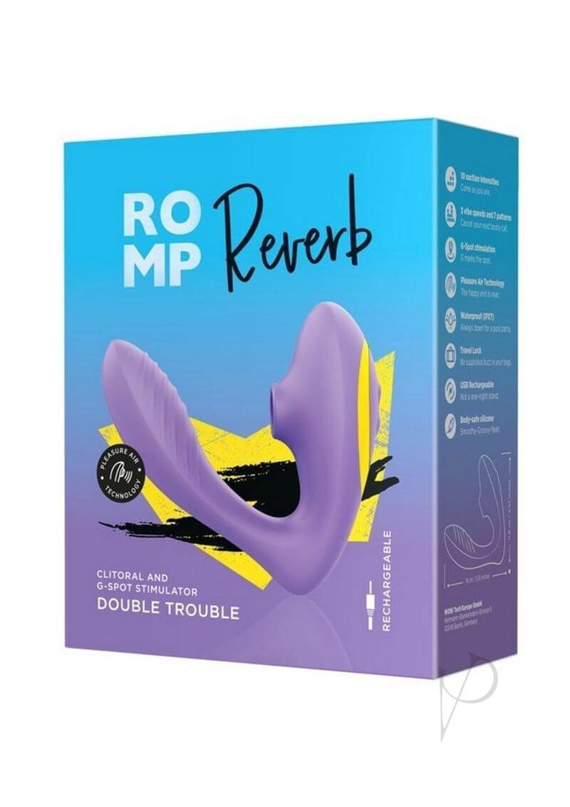 We-Vibe Romp Reverb Purple Yellow packaging featuring powerful rabbit vibrator with Pleasure Air Technology