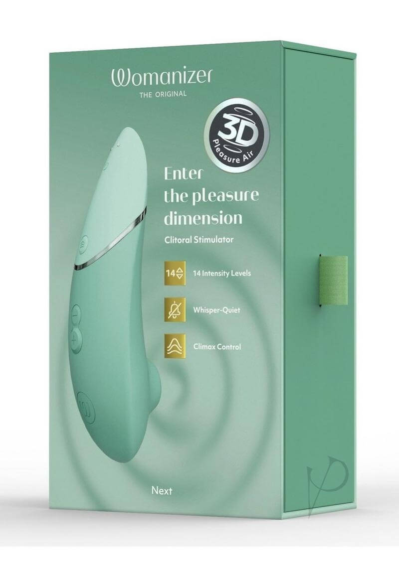 Womanizer Next Generation box featuring 3D Pleasure Air Technology, 14 intensity levels, whisper-quiet operation, and Climax Control.