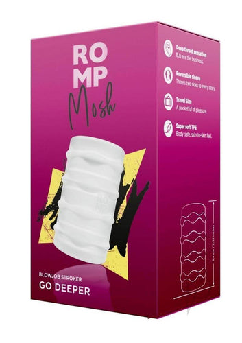ROMP Mosh Manual Stroker Clear packaging highlighting dual textured surfaces and innovative features for enhanced pleasure