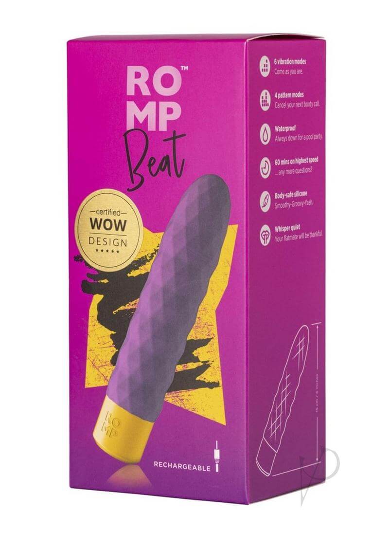 ROMP Beat Purple bullet vibrator in packaging, compact and waterproof design for precision pleasure.