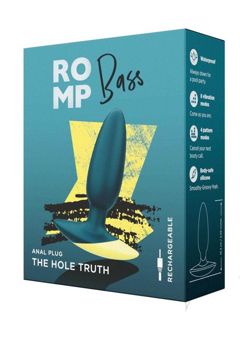 ROMP Bass Green vibrating anal plug packaging with key features like waterproof, 6 vibration modes, and body-safe silicone