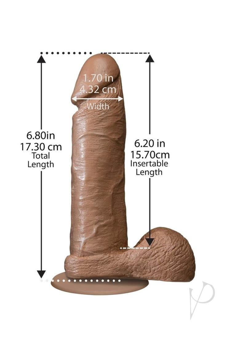6-Inch Mulatto Realistic Cock with measurements, total length 6.80 inches, insertable length 6.20 inches, width 1.70 inches.