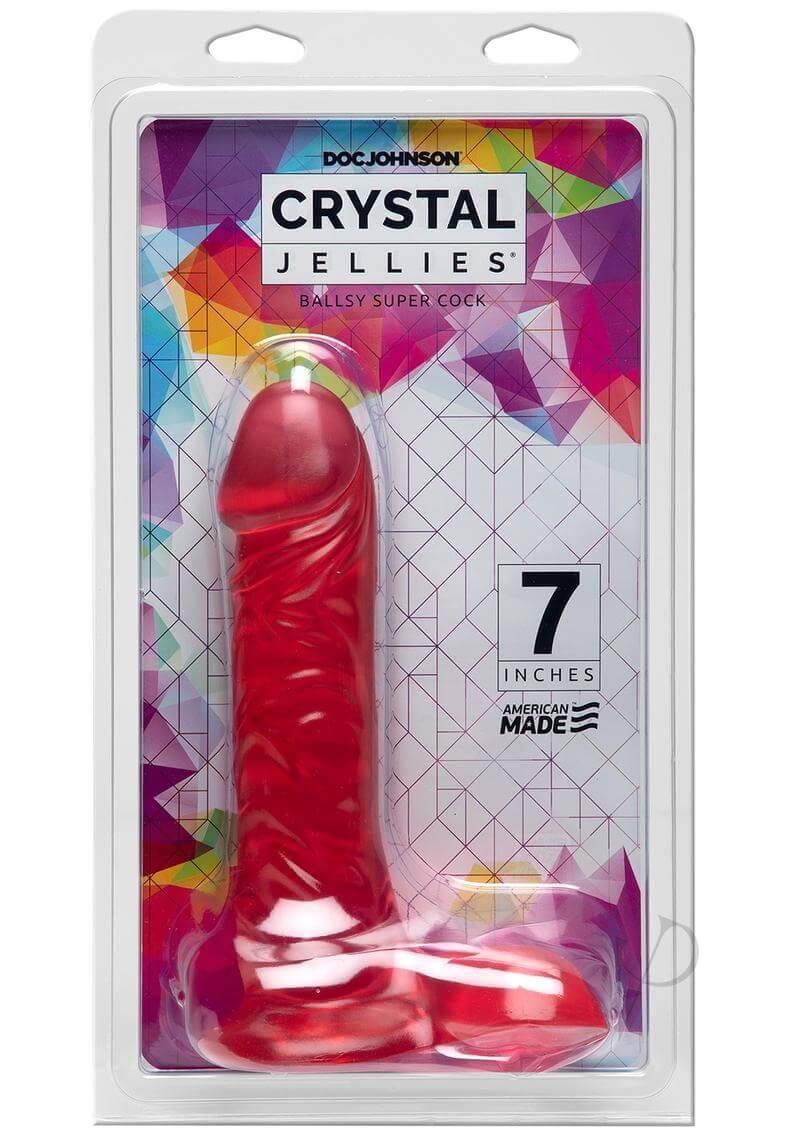 Doc Johnson's 7 Crystal Jellies Ballsy Super Cock Pink in packaging - lifelike, body-safe, made in America adult toy