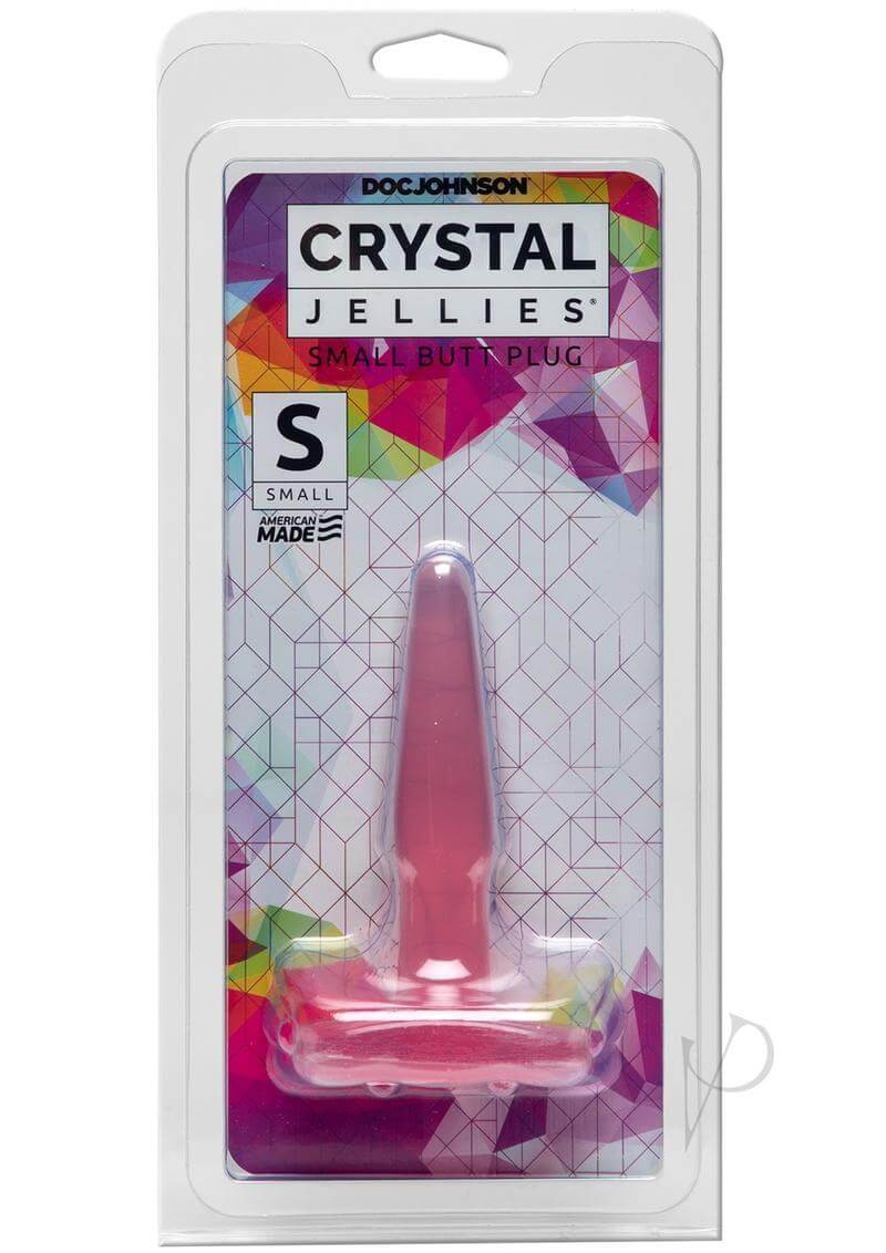 Doc Johnson's 4 Crystal Jellies Small Butt Plug Pink packaging for beginners, crafted in America, featuring a smooth, tear-drop shape