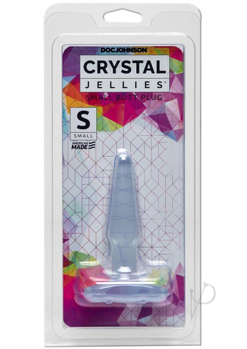 Crystal Jellies Small Clear Butt Plug in original packaging, ideal for beginners exploring anal pleasure with a smooth, tear-drop shape.