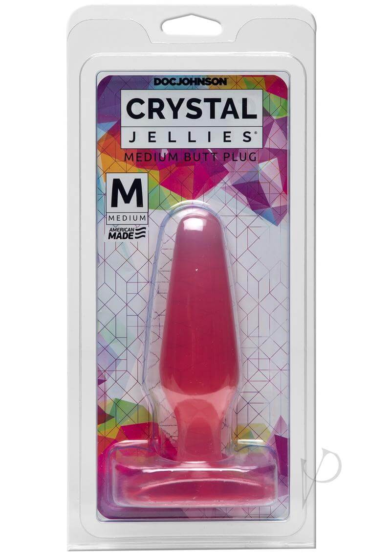 Doc Johnson's Crystal Jellies Medium Butt Plug in pink packaging with colorful geometric design.