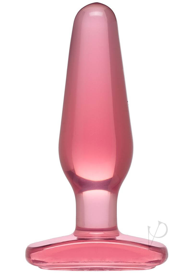 Doc Johnson's Crystal Jellies Medium Butt Plug in pink teardrop shape with flared base for safe and smooth insertion.