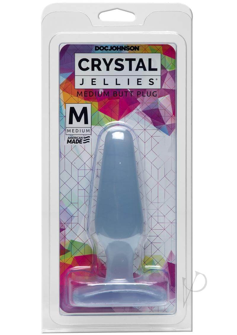 Doc Johnson's 5 Crystal Jellies Medium Butt Plug in clear packaging with a colorful geometric design
