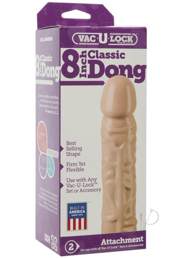 Vac-U-Lock 8-Inch Classic Dong Attachment in Packaging for Strap-On Experience