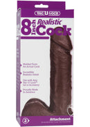 Vac-U-Lock 8-Inch Realistic Black Cock Attachment in packaging featuring lifelike details and compatibility with Vac-U-Lock systems.