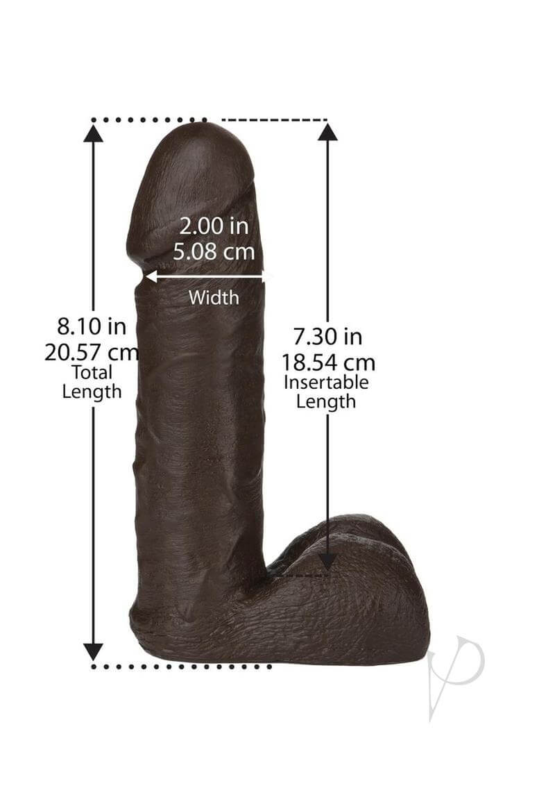 Vac-U-Lock 8-Inch Realistic Black Cock Attachment with 8.10-inch total length, 7.30-inch insertable length, and 2-inch width.