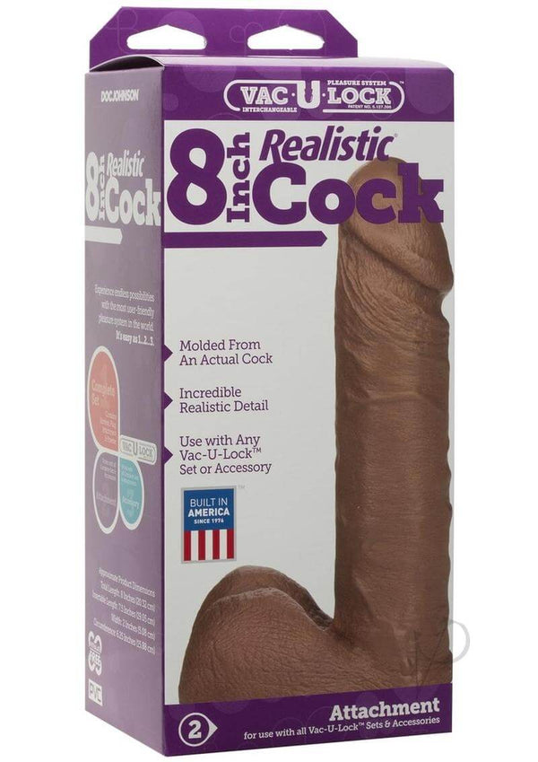 8-inch realistic Vac-U-Lock attachment in packaging showcasing lifelike design and compatibility with all Vac-U-Lock systems.