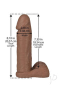Realistic 8-inch Vac-U-Lock attachment with detailed vein texture, plush balls, and hand-painted mulatto finish showing dimensions.
