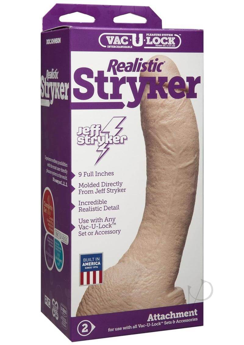 Vac U Lock Stryker Realistic Cock Attachment packaging showcasing 9-inch realistic design by Jeff Stryker.