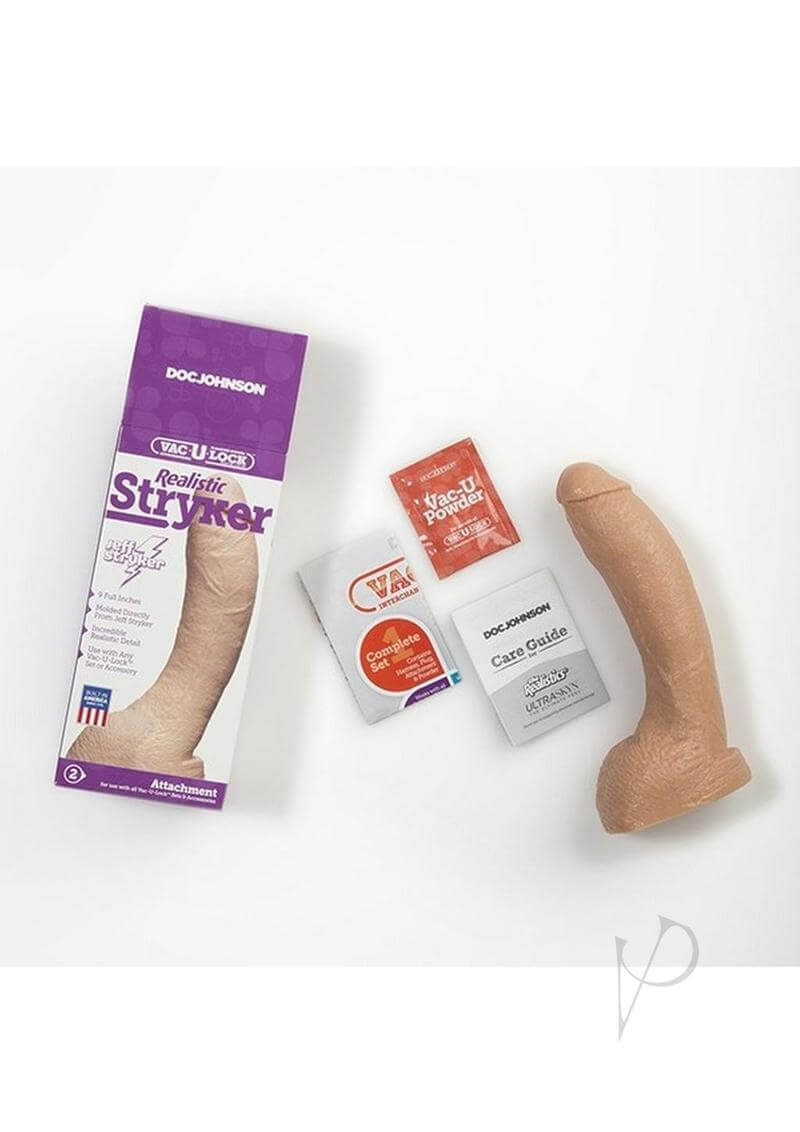 Vac U Lock Stryker Realistic Cock Attachment with packaging, Vac-U-Powder, and care guide.