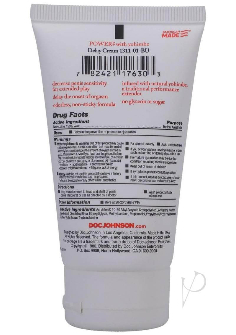 Back label of Power Delay Cream For Men 2oz showing drug facts, active ingredients, and product information for premature ejaculation prevention.
