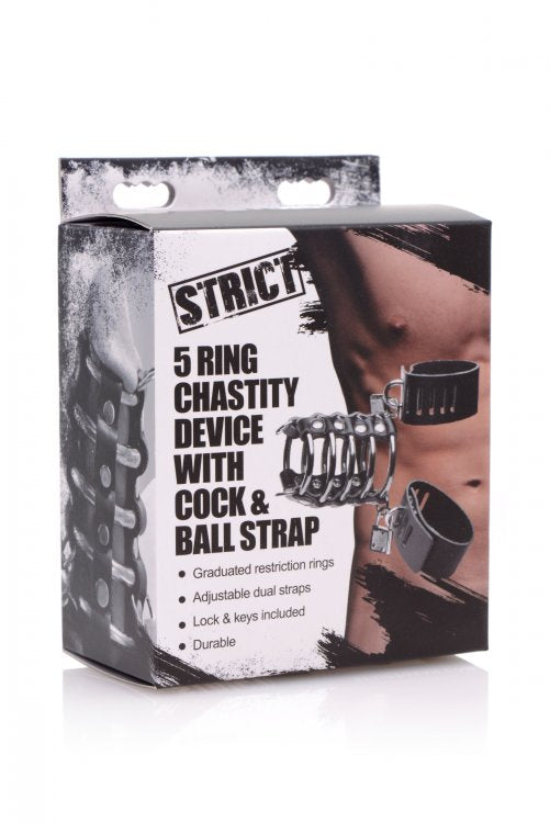 XR Brands Strict Gates of Hell 5 Ring Chastity Device with Cock and Ball Strap at $22.99