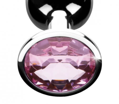Booty Sparks Pink Gem Small Anal Plug with radiant pink jewel base and smooth metal finish.