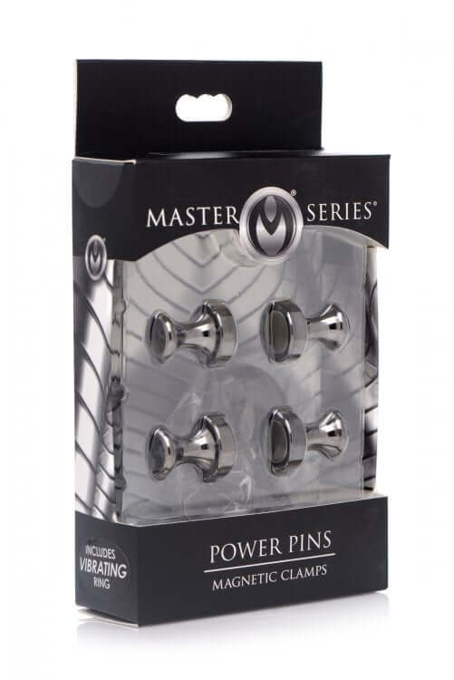 Master Series Power Pins Magnetic Clamps in packaging for intense erotic play