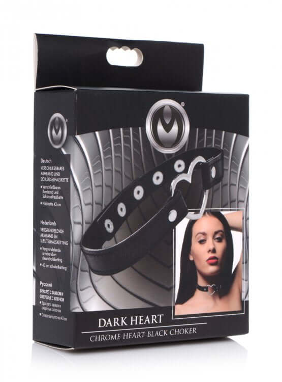 Master Series Dark Heart Chrome Heart Black Choker packaging with model wearing choker, stylish and seductive accessory.