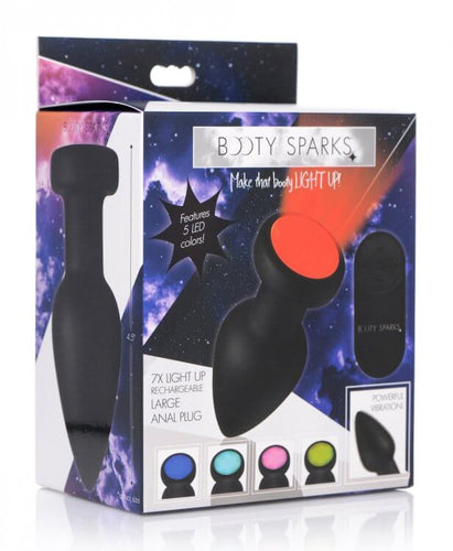 Booty Sparks Silicone LED Vibrating Plug packaging, features 7 vibration modes and 5 LED colors for enhanced backdoor pleasure.