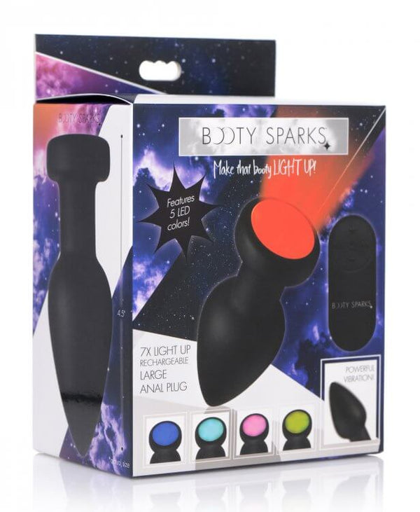 Booty Sparks Silicone LED Vibrating Plug packaging, features 7 vibration modes and 5 LED colors for enhanced backdoor pleasure.