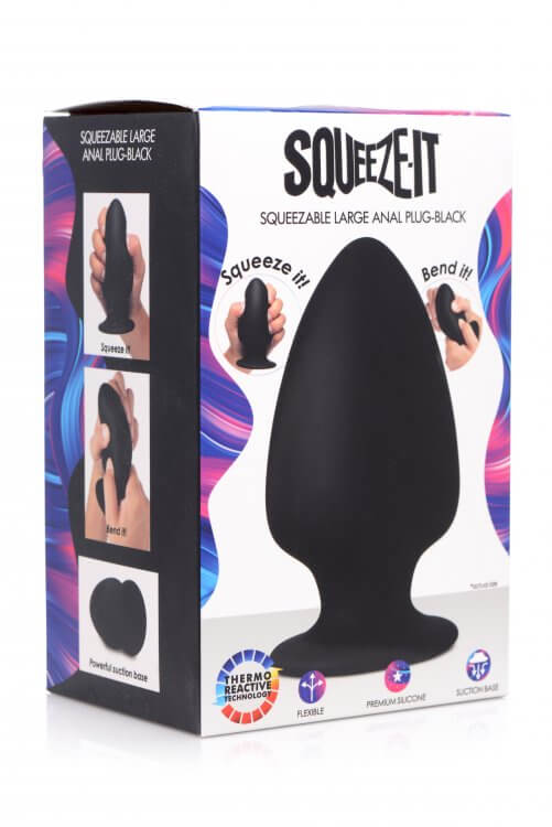Squeeze It Silexpan large black anal plug packaging showcasing its squeezable and bendable features.